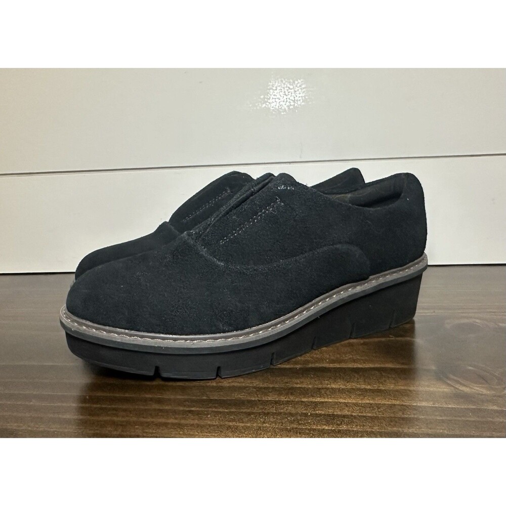 Clarks Women's Airabell Sky Black Suede Slip On Wedge Flats Shoes Comfort 7